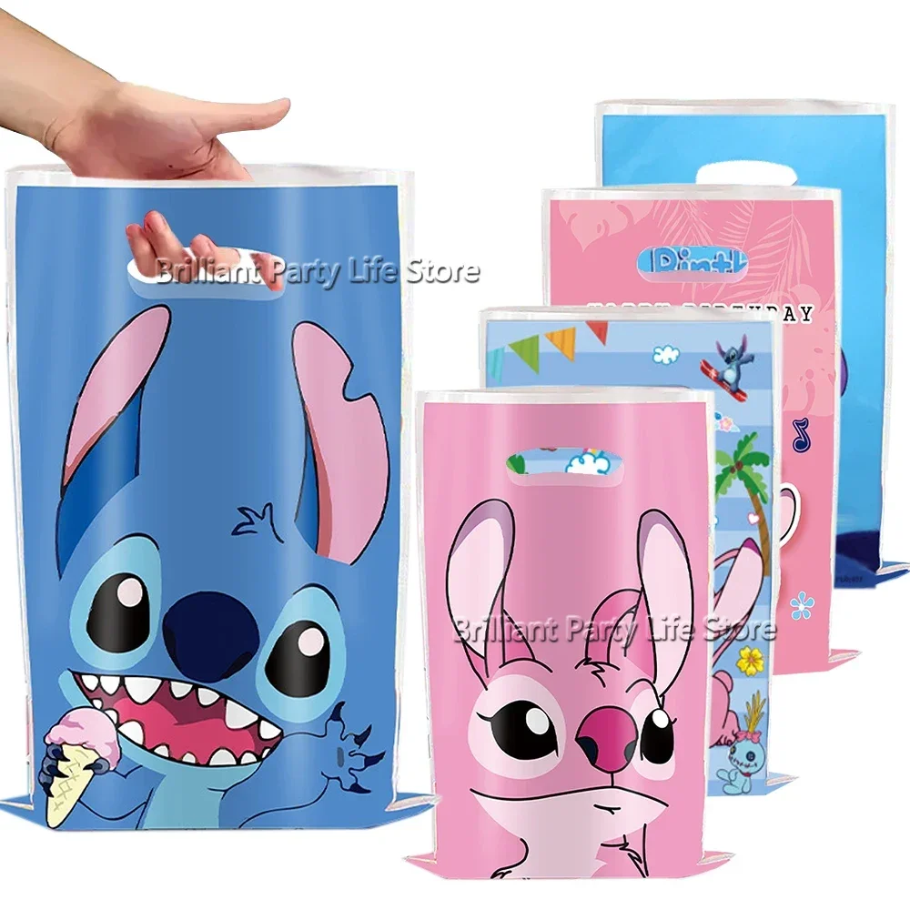 Bolsas de recuerdo de fiesta de Lilo & Stitch de Disney, bolsa de regalo de plástico con puntadas azules y rosas de Ángel para niños, decoraciones