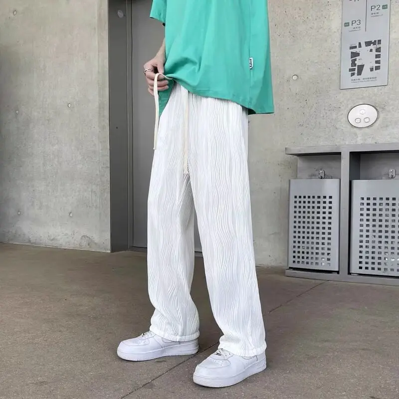 Women Water Wave Striped Pants Wide Leg City Boy Men Loose Trousers White Drawstring Ice Silk Cool Draped Streetwear Chic Pants