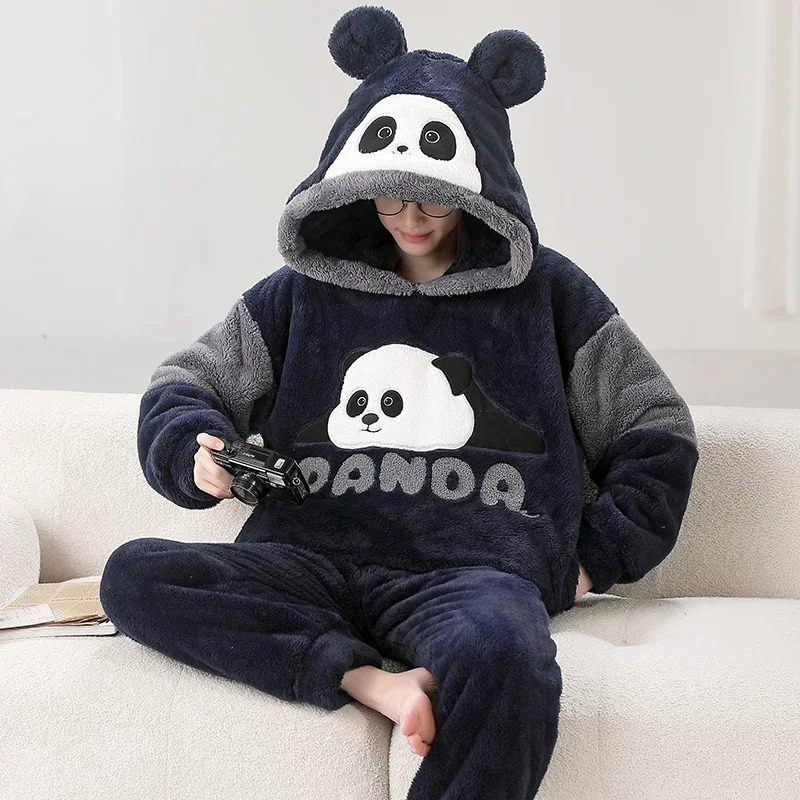 Winter Couples Pajamas Set Women Men Sleepwear Thick Cartoon Panda Kawaii Adult Anime Pyjamas Korean Hooded Suits Night Homewear