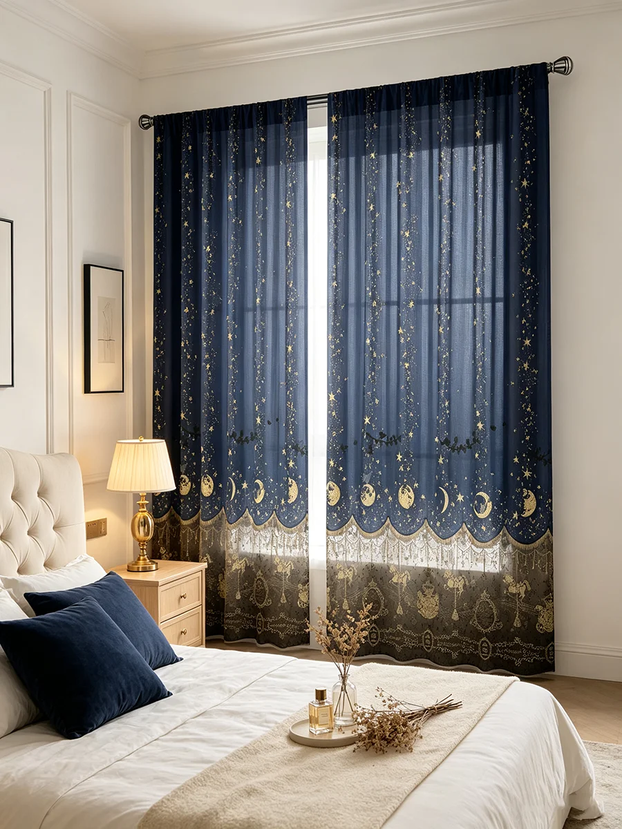 2PCS Digital Print Sheer Curtains Dark Blue Moon Star Lace Pattern A&B Sheer Fabric Living Room Window Curtains
