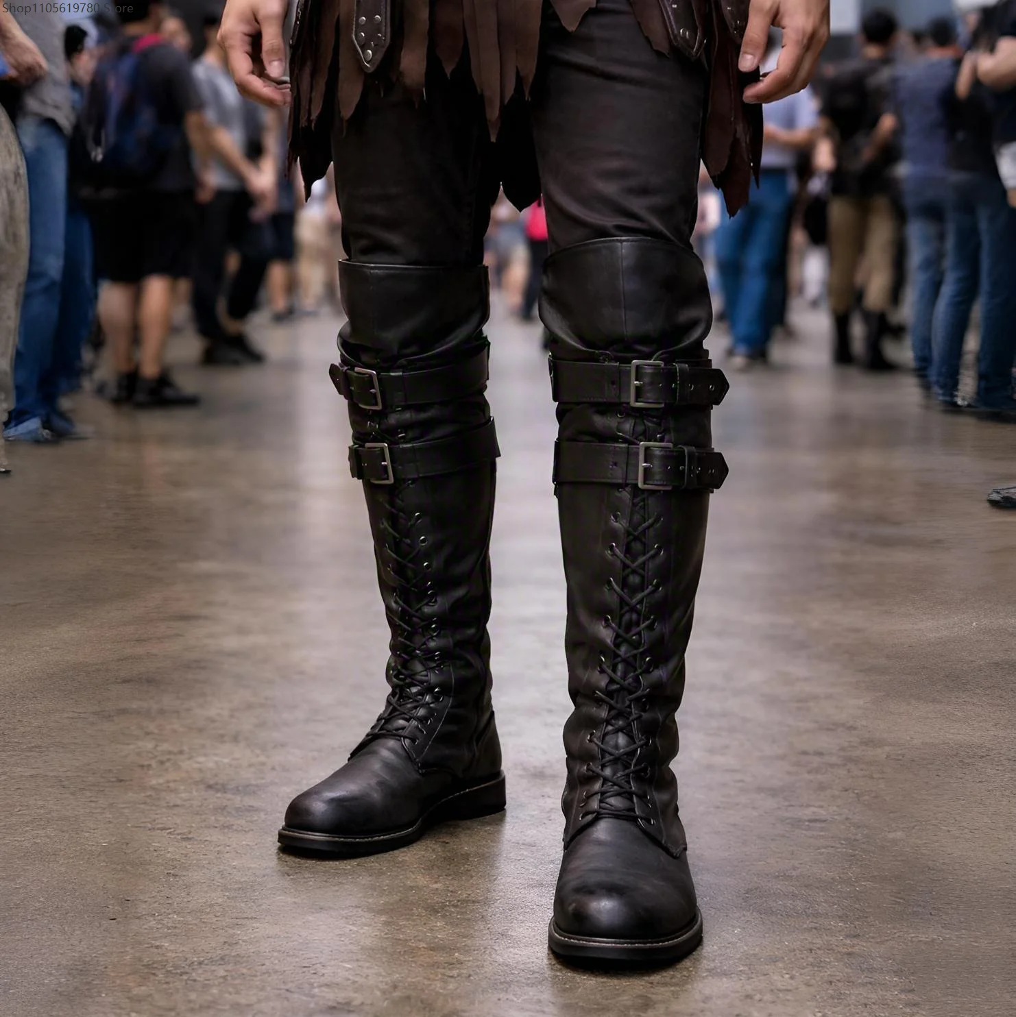 Men Low Heel Over Knee Cosplay Boots Western Cowboy Style Faux Leather Tall Boots Lace Up Multi Buckle Medieval Carnival Stage