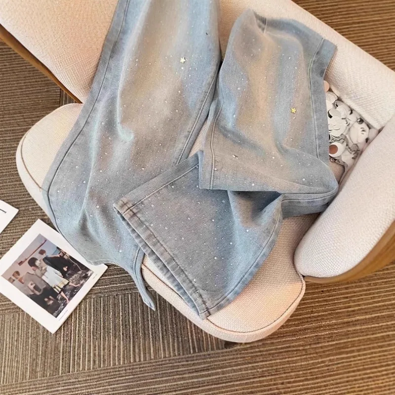 2025 calças jeans resistentes de verão feminino – cintura alta luz lavagem estrela strass, calças retas de perna larga drapeadas emagrecimento