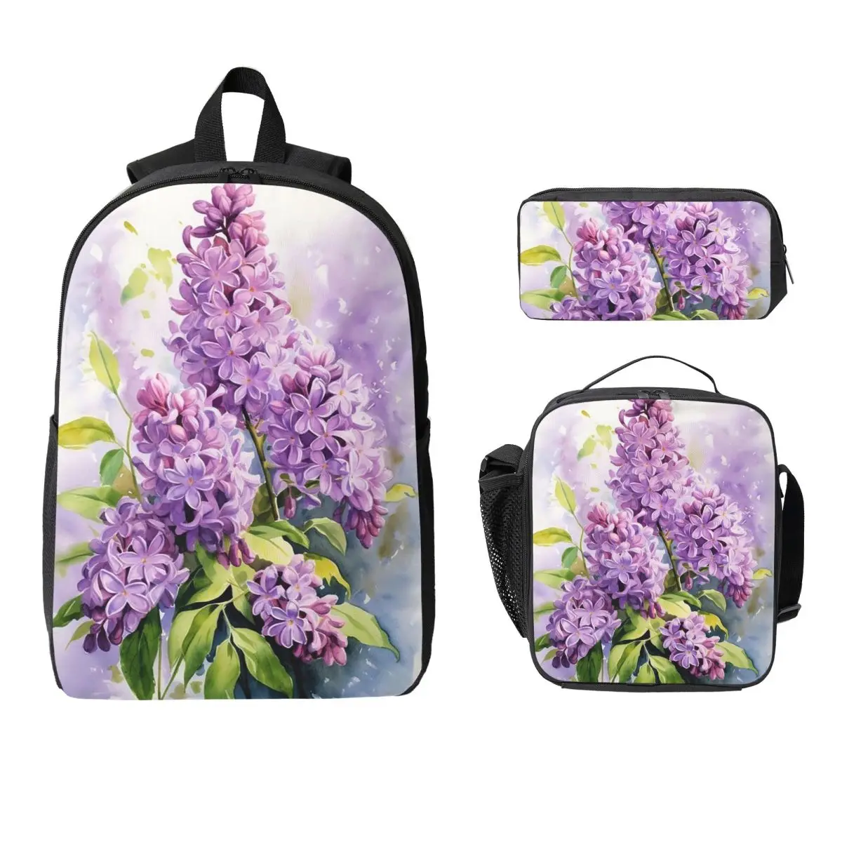 Lilac Blooming Artistic Creation Backpack Boys Girls BookBag School Bag Laptop Shoulder Bags 3ps Insulated Lunch Bag Pencil Case