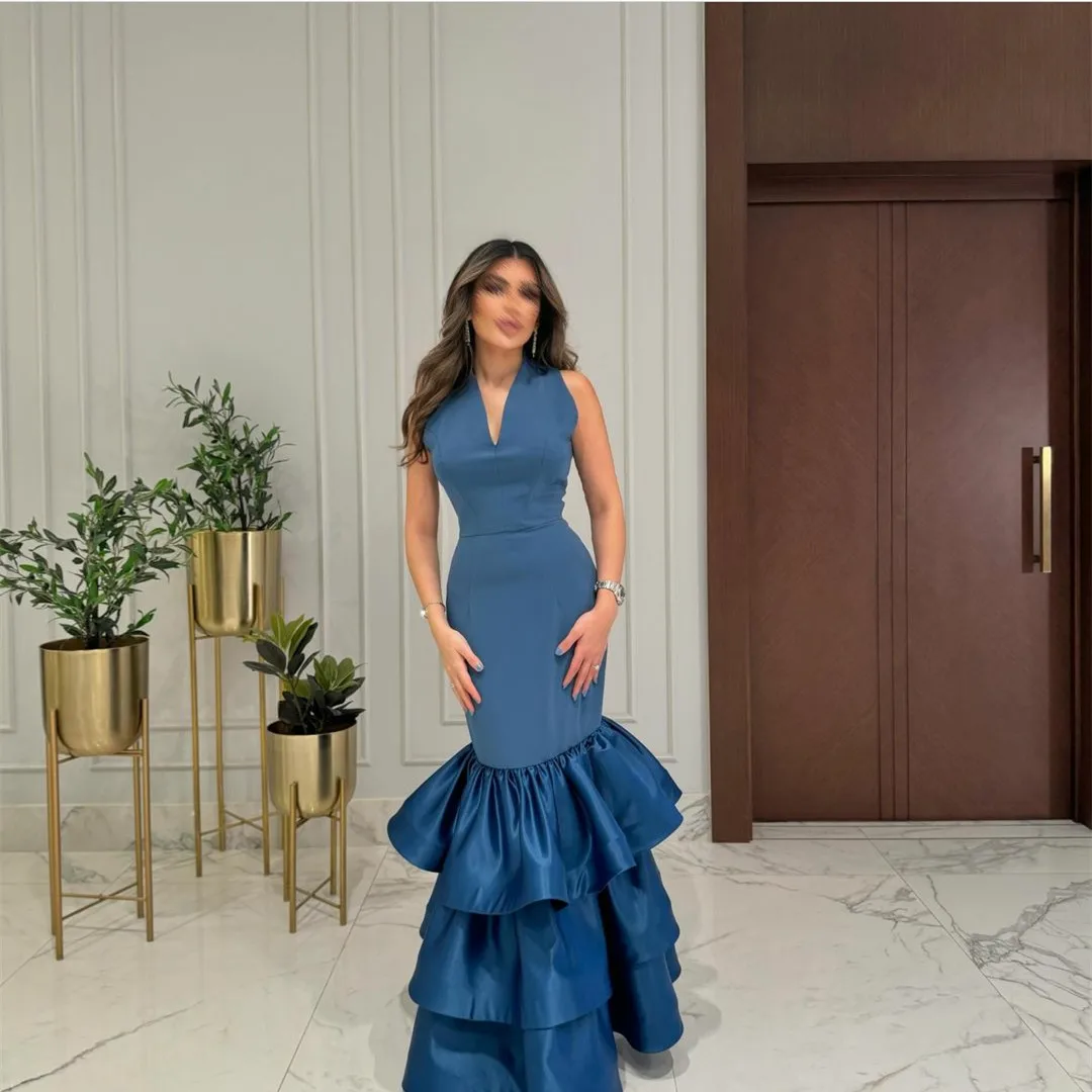 Vestido de noche largo de crepé para mujer, traje elegante plisado hasta el suelo con volantes, color azul