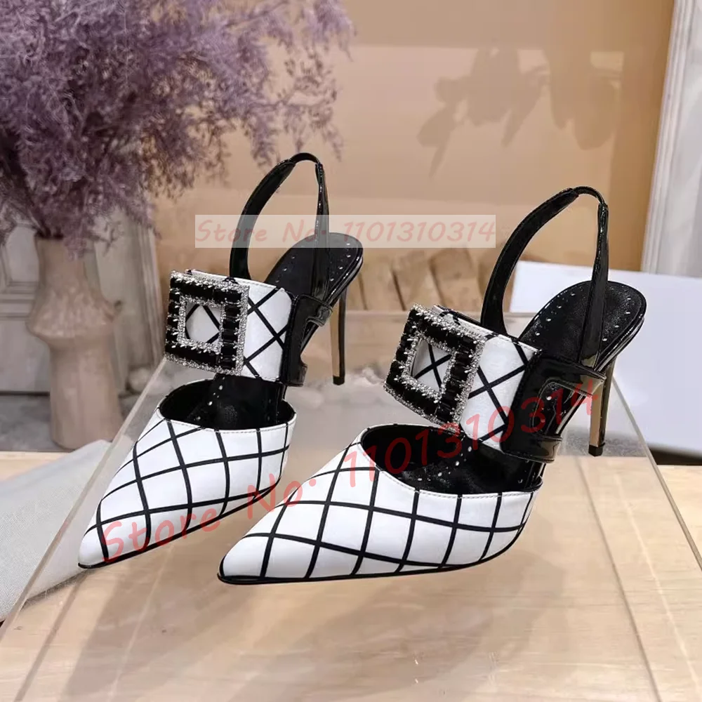 Black-white Plaid Slingback Sandals Design For Women Luxury Pointy Stiletto High Heels Satin Shoes Summer Buckle Evening Sandals