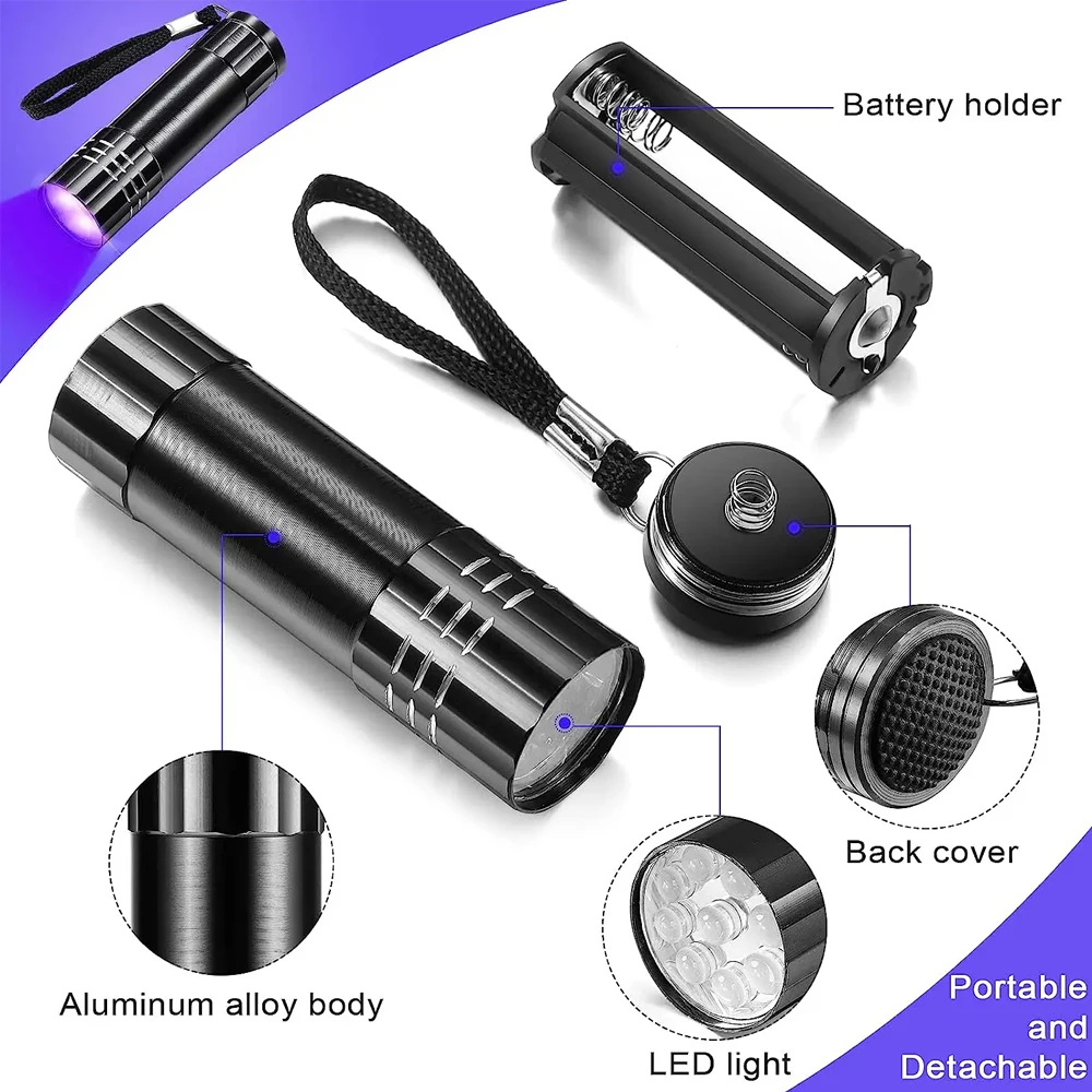 UV 9Led Flashlight Ultraviolet Pocket Torch Multi-functional Mini Fluorescent Lamp Lightweight Portable Waterproof Black Light