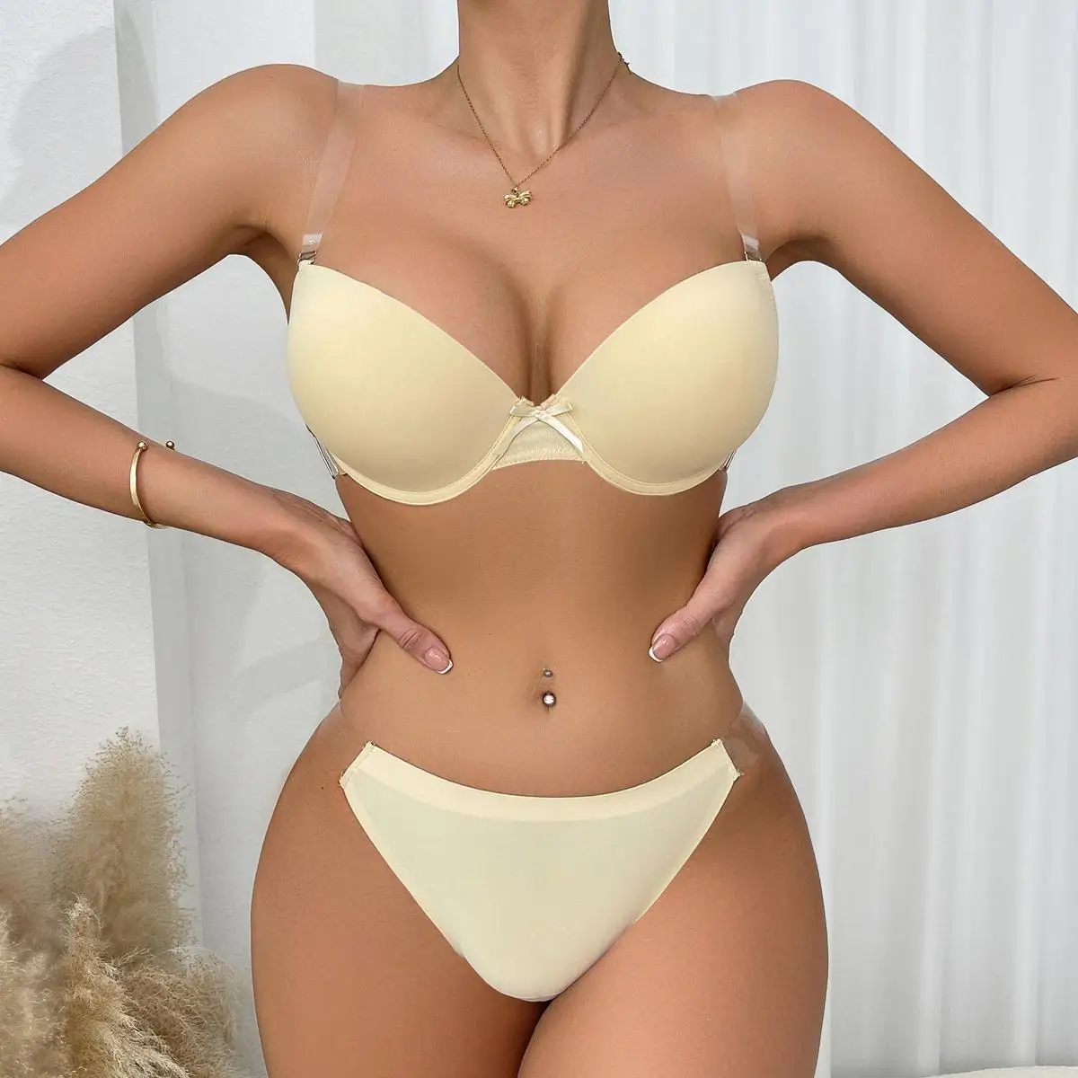 Conjunto de cuecas Beauwear Calcinha e sutiã, sutiã invisível sem alças, tanga para festa e casamento, cor sólida, copo B C 70-85