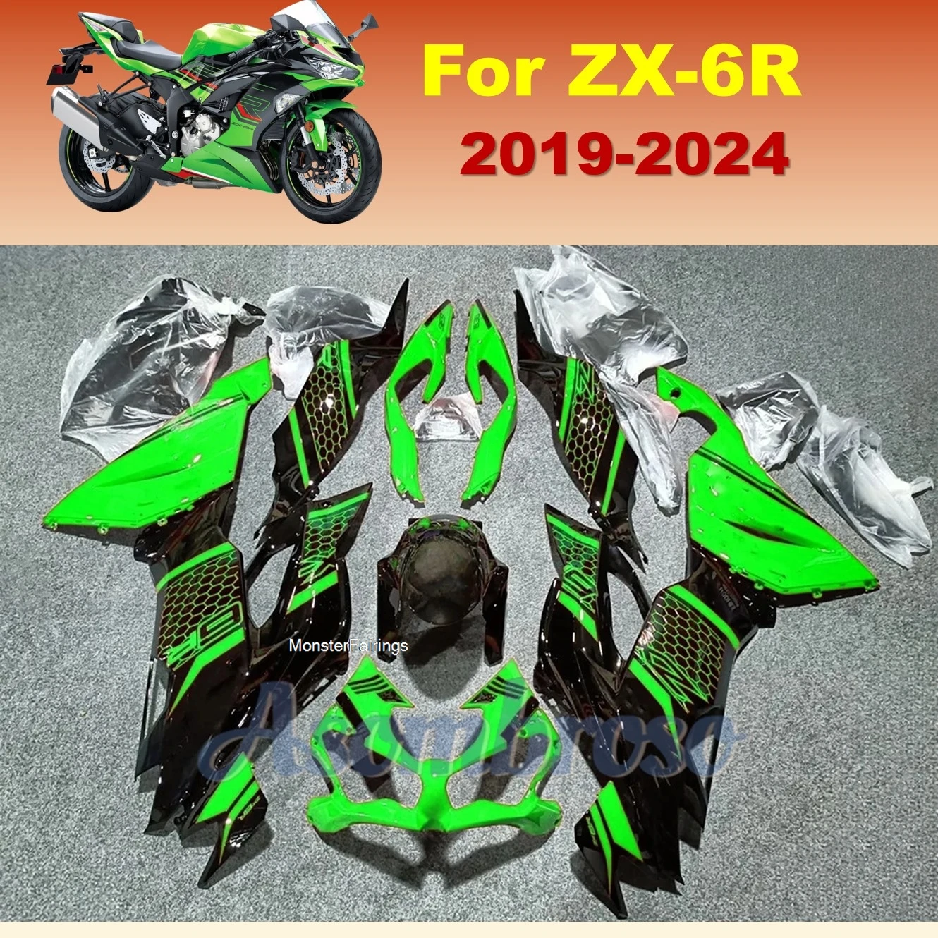 

Полный комплект обтекателя мотоцикла в классическом стиле для Kawasaki ZX6R 2019 2020 2021 2022 2023 2024 ZX-6R, зеленый, черный, обвесы в виде ракушки YT