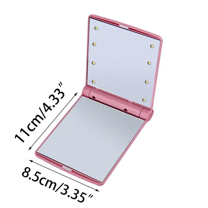 CX56 11x8,5 CM 8 lámparas de luces LED mujeres niñas espejo de maquillaje rectangular plegable portátil tamaño de bolsillo compacto cosmético de viaje U2JD