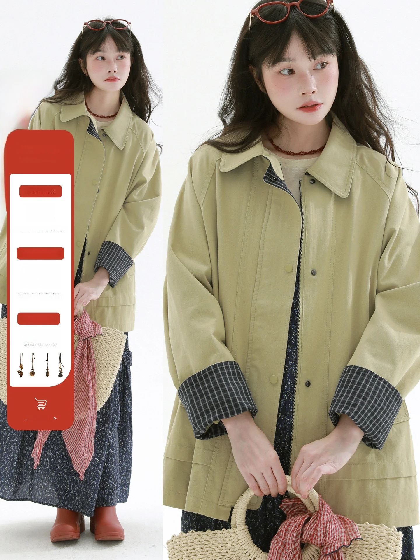 

Rare Plaid Sleeve Turnup Jacket British Style Elegant Retro Artistic High-End Feel Outerwear Top Women's Casual Standard Fit ...