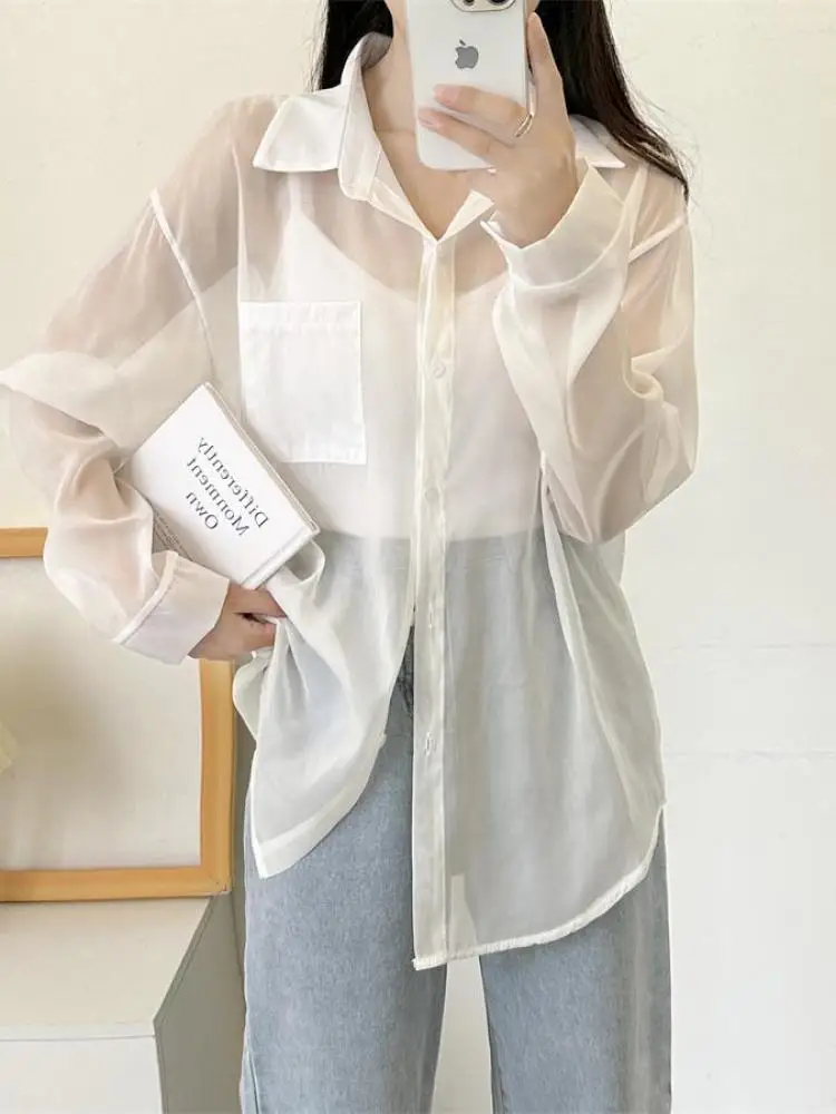 

Женская весенняя новая однотонная солнцезащитная рубашка с длинными рукавами, корейская модная женская однобортная блузка, простая одежда, топы, уличная одежда