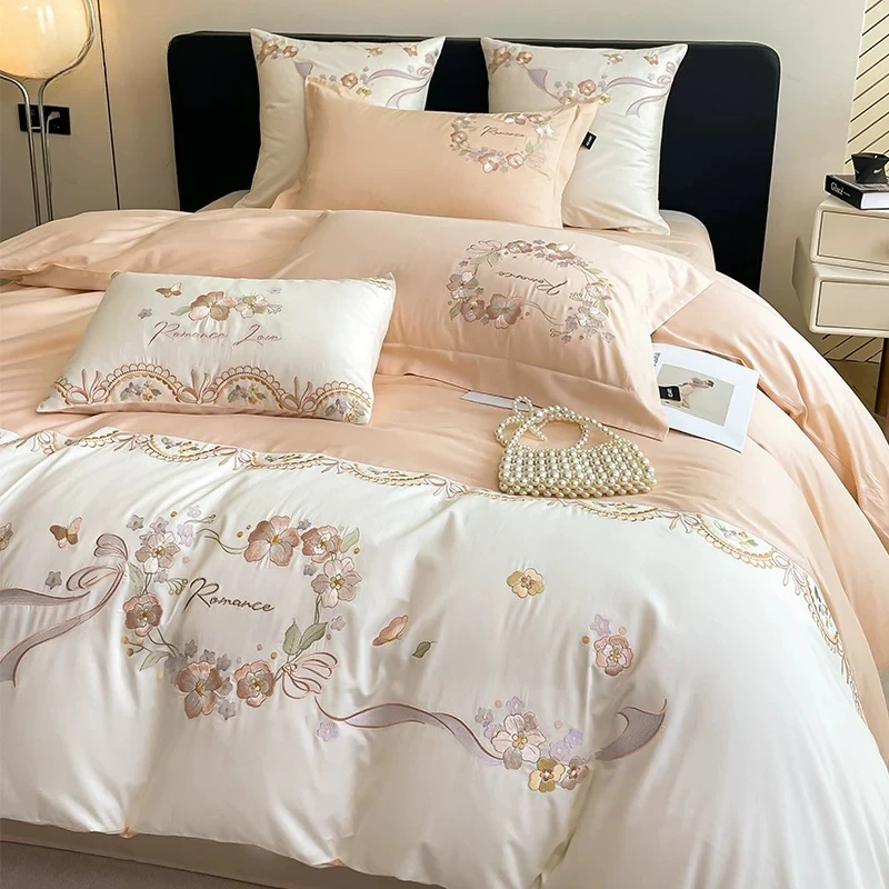 Bedroom Simple 160 Thread Count Pure Cotton Four Piece Set Long Staple Cotton Duvet Cover Bed Sheet Embroidery Bedding