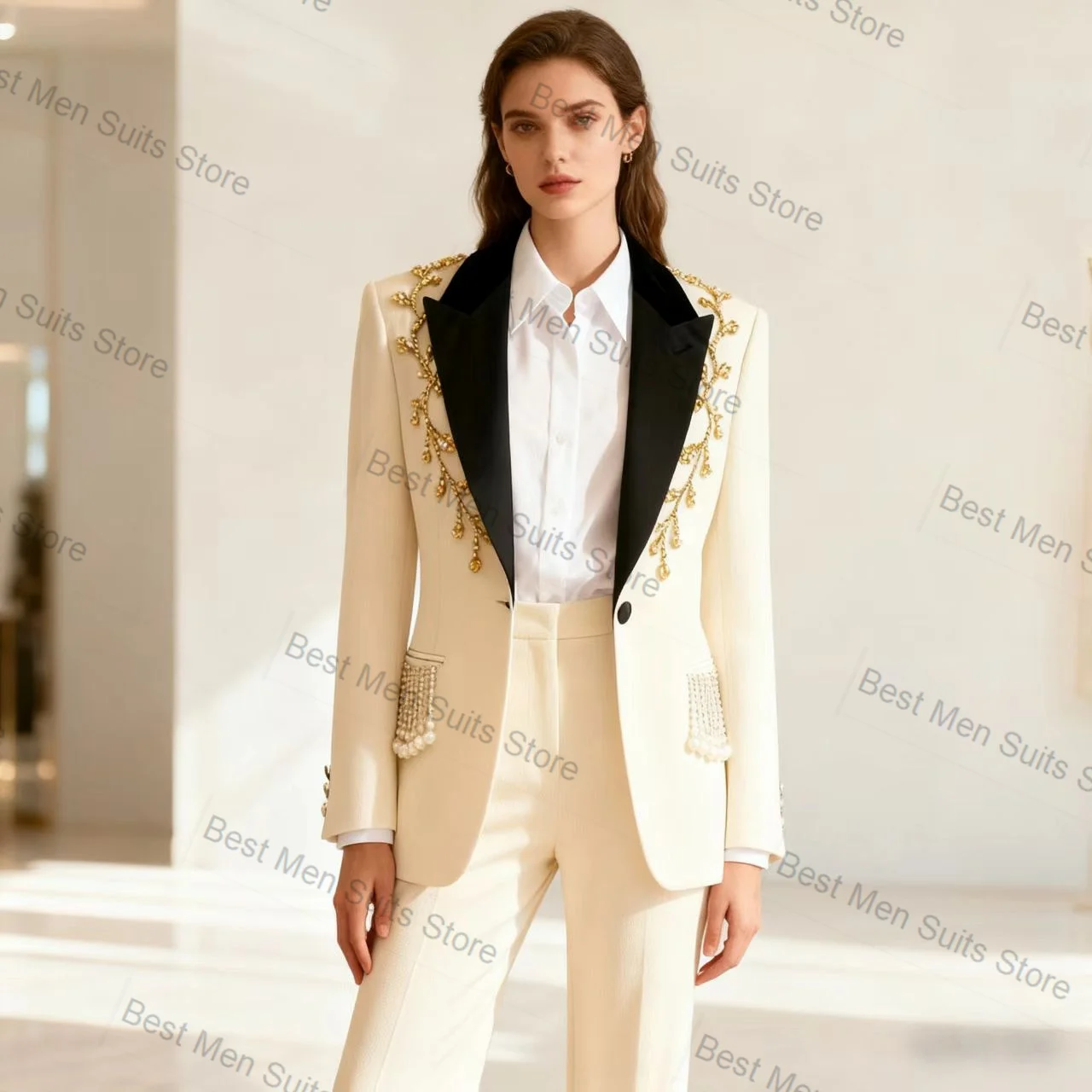 Różowy damski garnitur 2-częściowy z kryształami i perłami, marynarka + spodnie, jesień, formalny, do biura, żakiet, szyty na miarę, dla gościa weselnego, na studniówkę, płaszcz