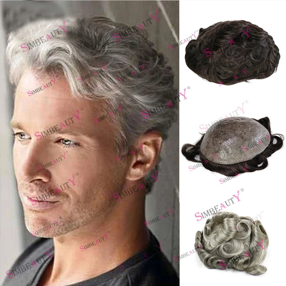 

1B80 1B65 1B10 Grey Black Brown Natural Hairline Durable Men Toupee Human Hair Wigs Full Skin PU Microskin Capillary Prosthesis