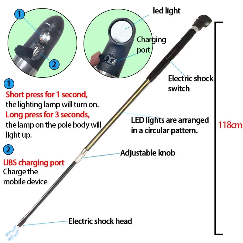Portable retractable aluminum alloy mountaineering pole, tungsten filament lamp head LED work light 2 lighting modes