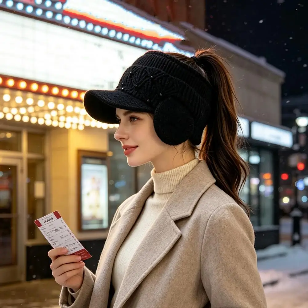 Comfortable Outdoor Ear Warmer Winter Knitted Visor Hat Winter Ponytail Hat with Ear Flaps Women’s Knitted Peaked for Outdoor