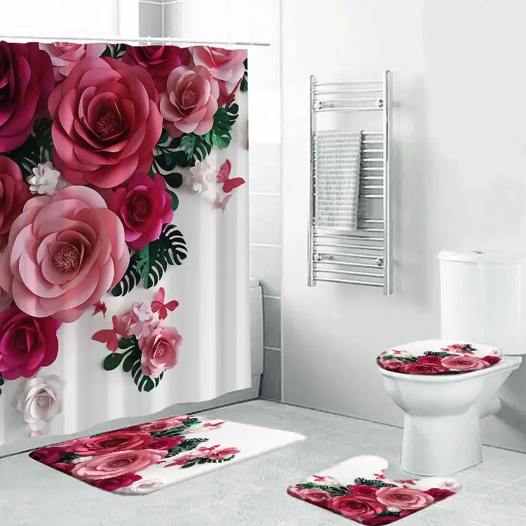 4Pcs Customized Rose Flowers Bathroom Memory Foam Bath Mat Waterproof Polyester Fabric Shower Curtain Set for Bathroom