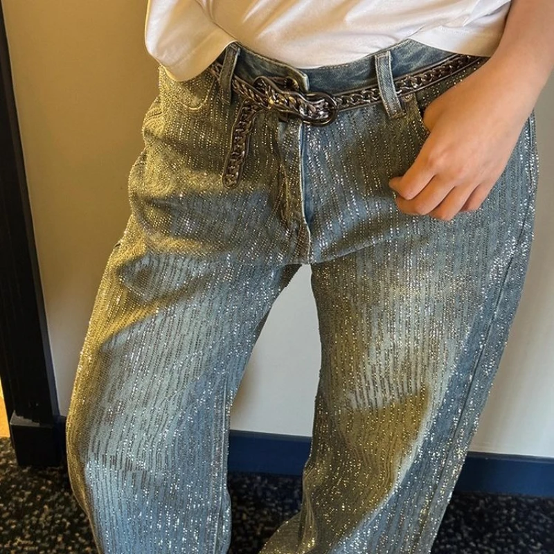 

Women Spring Autumn Summer Pants Jeans New Straight Sequins Wide Leg Crushed Diamonds Belt Zipper Simple Fashion Leisure