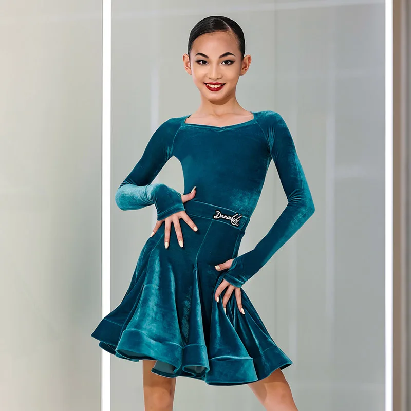 

Velvet Latin Competition Dress Girls Long Sleeve Stage Costume Ballroom Practice Wear Salsa Clothing Modern Dancewear JL4899