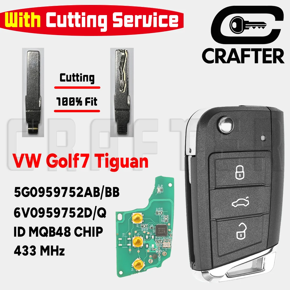 

Ключ Crafters 5G0959752AB/BB ID48 MQB 433 МГц с дистанционным управлением без ключа, подходит для VW Golf 7 MK7 Tiguan Polo Skoda HU66/HU162T KeyCutting