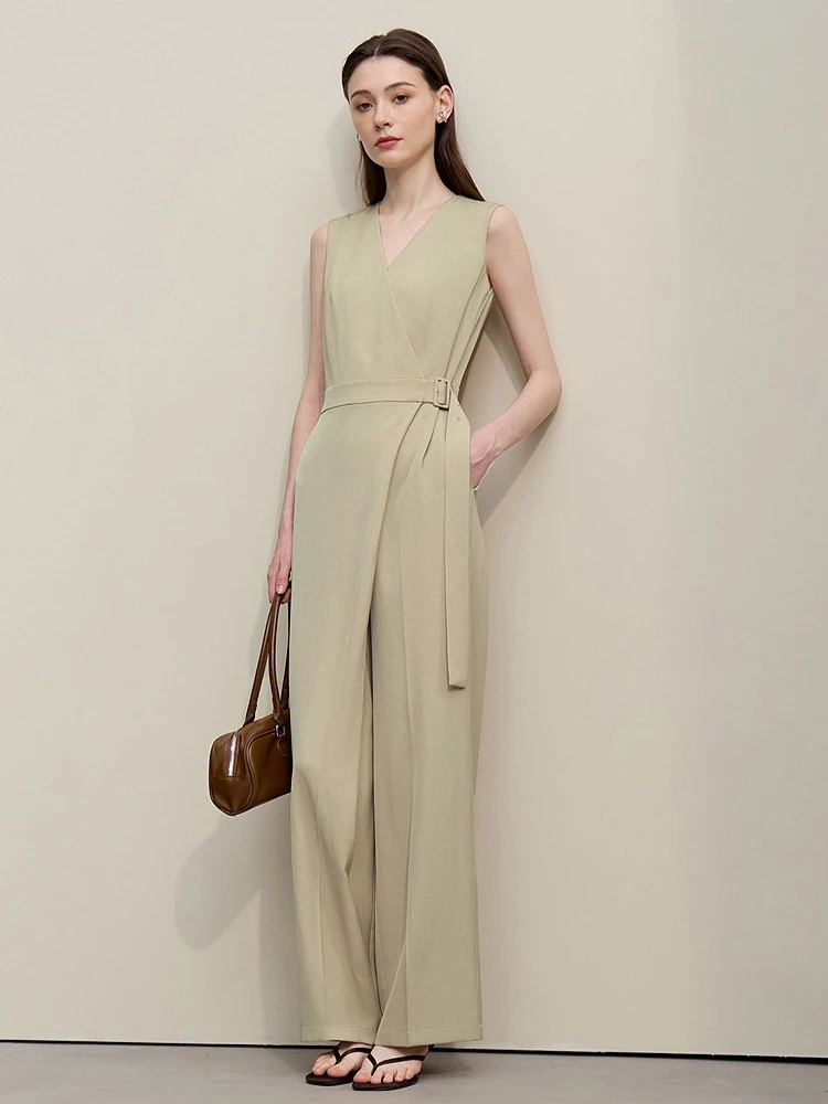 

Женский комбинезон Amii без рукавов, лето 2026, новинка, с V-образным вырезом, с поясом, широкие брюки, офисный повседневный стиль, длинные штаны для женщин 12642036