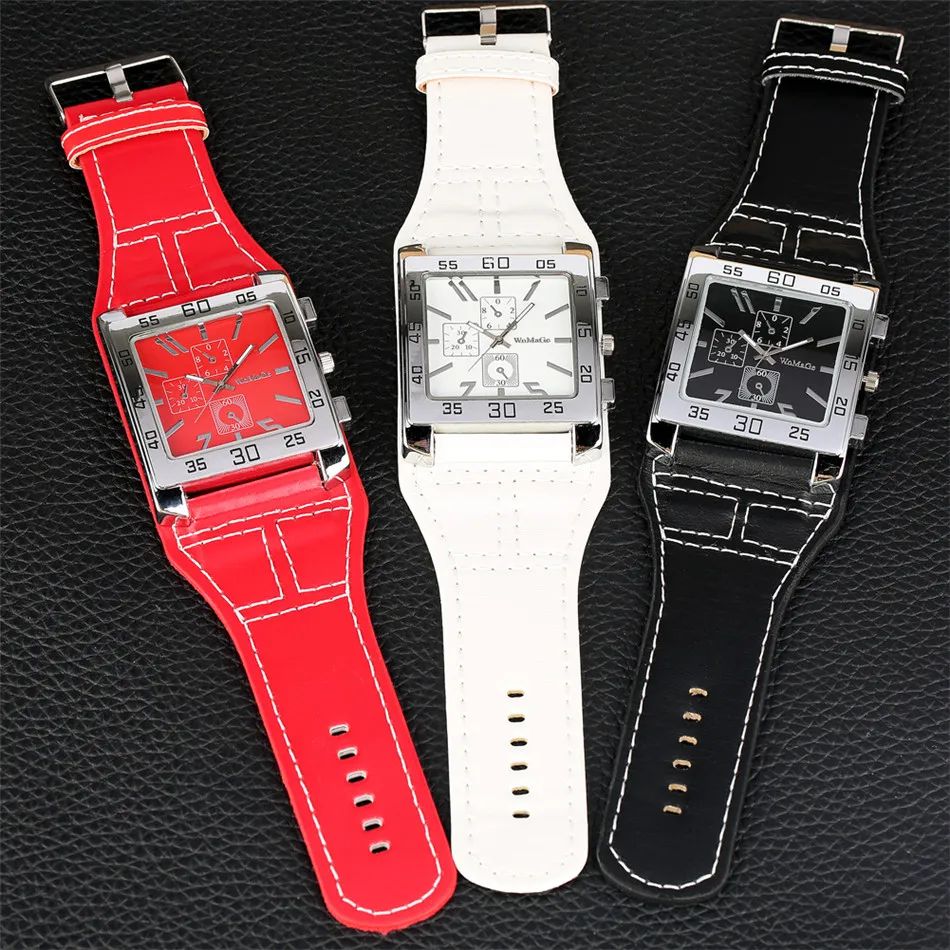 Fashion Punk Black/red/white Women's Watch Square Dial Big Size Leather Watchband Lady Rock Wristwatches Quartz Movement