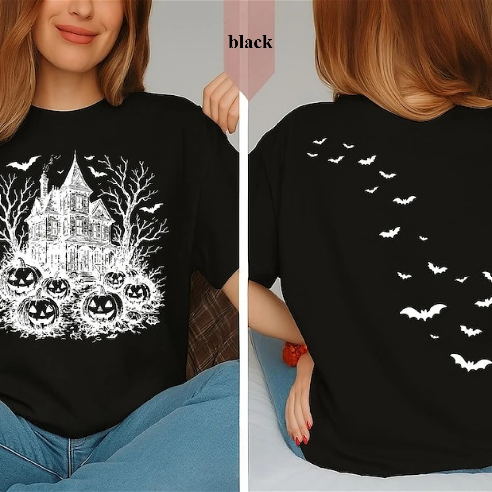 Vintage Haunted House Halloween Graphic T Shirts  Hot Sale Black Spooky Ghost Classic Shirt Unisex Cotton Simple Style Tee