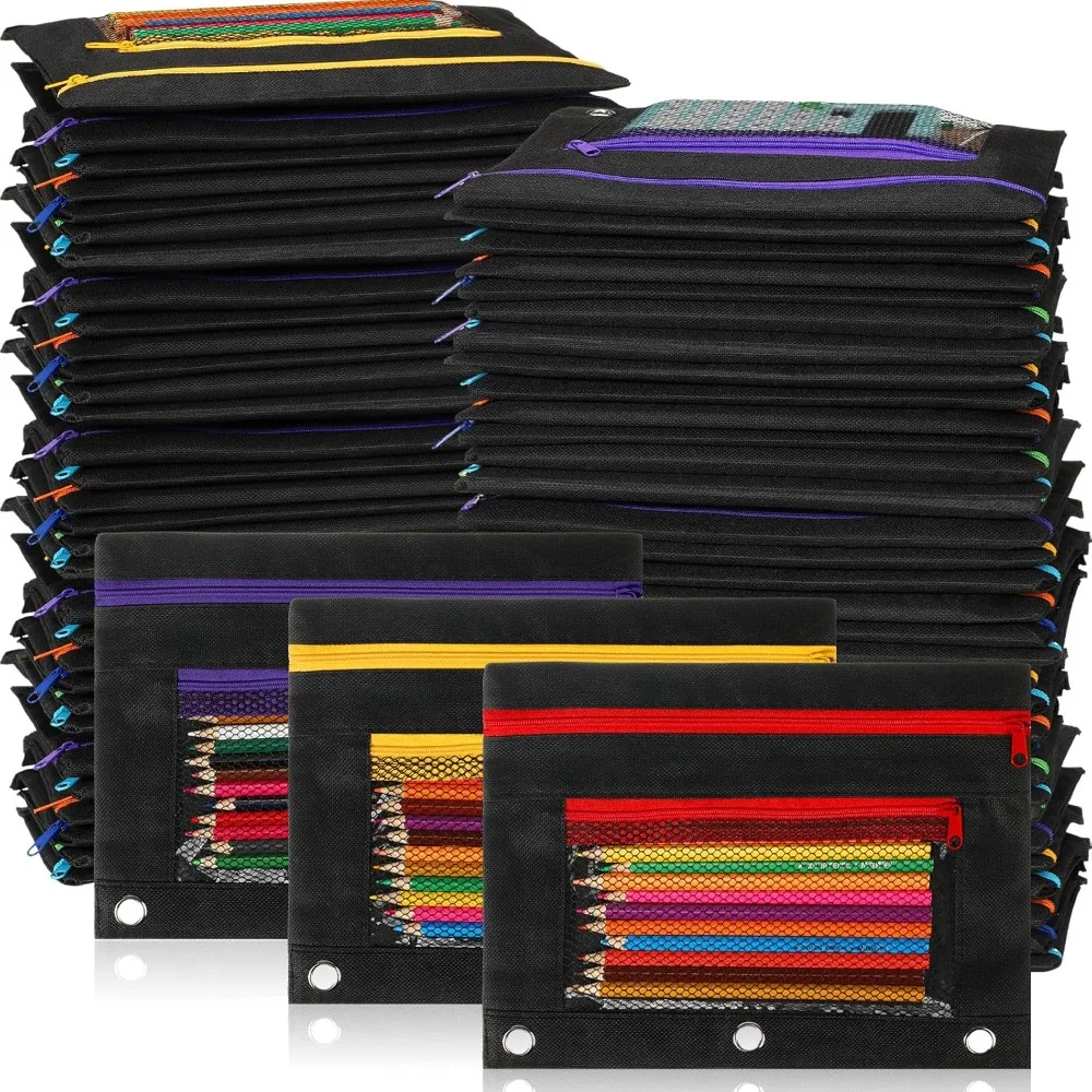 

150 Pieces Zipper Binder Pencil Pouches 3 Ring Binder Zipper Pouches Case with Window Ring Pencil Bags Case
