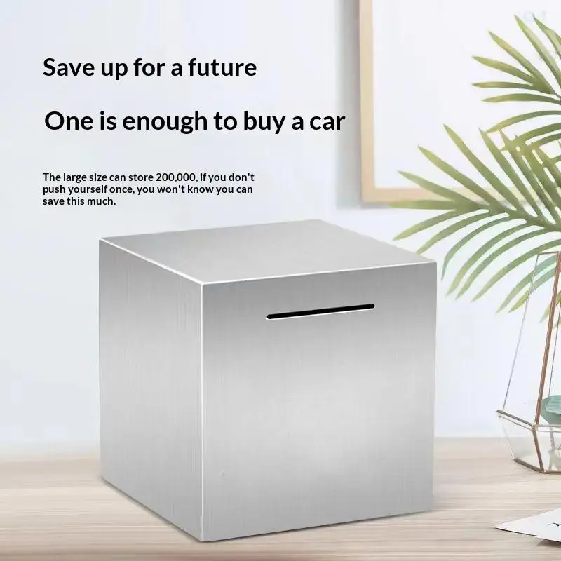 Unopenable Stainless Steel Money Bank Portable Cube Safe Box Adult Anti-break Piggy Bank Savings Container