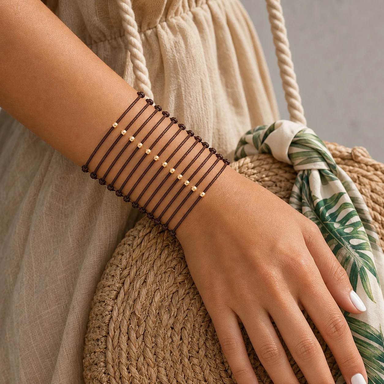 12pcs Brown Cotton Cord Bracelet with Gold Tone Round Copper Beads, Minimalist Multi Strand Rope Chain Beach Style