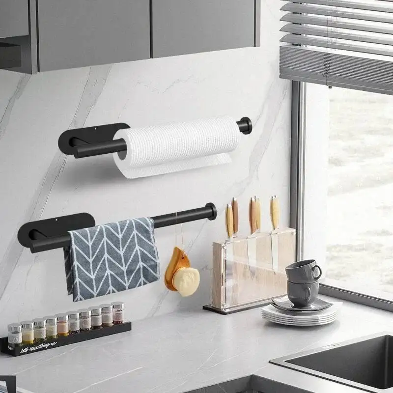 

Punch-Free Towel Stainless Steel Adhesive Roll Paper Holder Kitchen Bathroom Toilet Lengthen Storage Rack