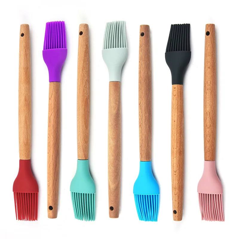 100Pcs/Lot Silicone BBQ Oil Basting Brush with Wood Handle Cake Bread Cream Cooking Brushes Baking Barbecue Kitchen Accessories