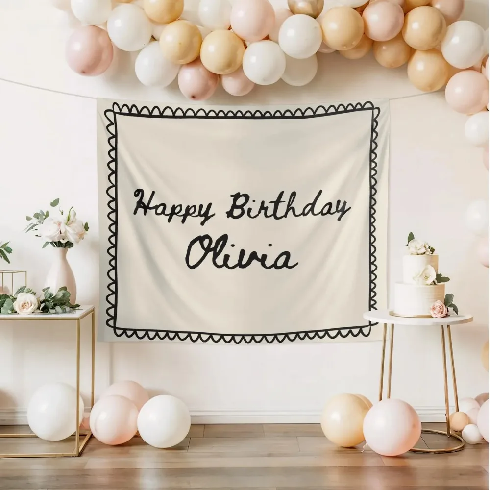 Custom Birthday Backdrop Personalized Name Fabric Banner Black Scallop Border Happy Birthday Party Photo Booth Wall Decor