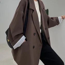 Yeni 2022 Vintage gevşek kadınlar katı Blazer sonbahar Chic çift göğüslü kadın uzun kollu takım ceketler şık bayanlar Blazer