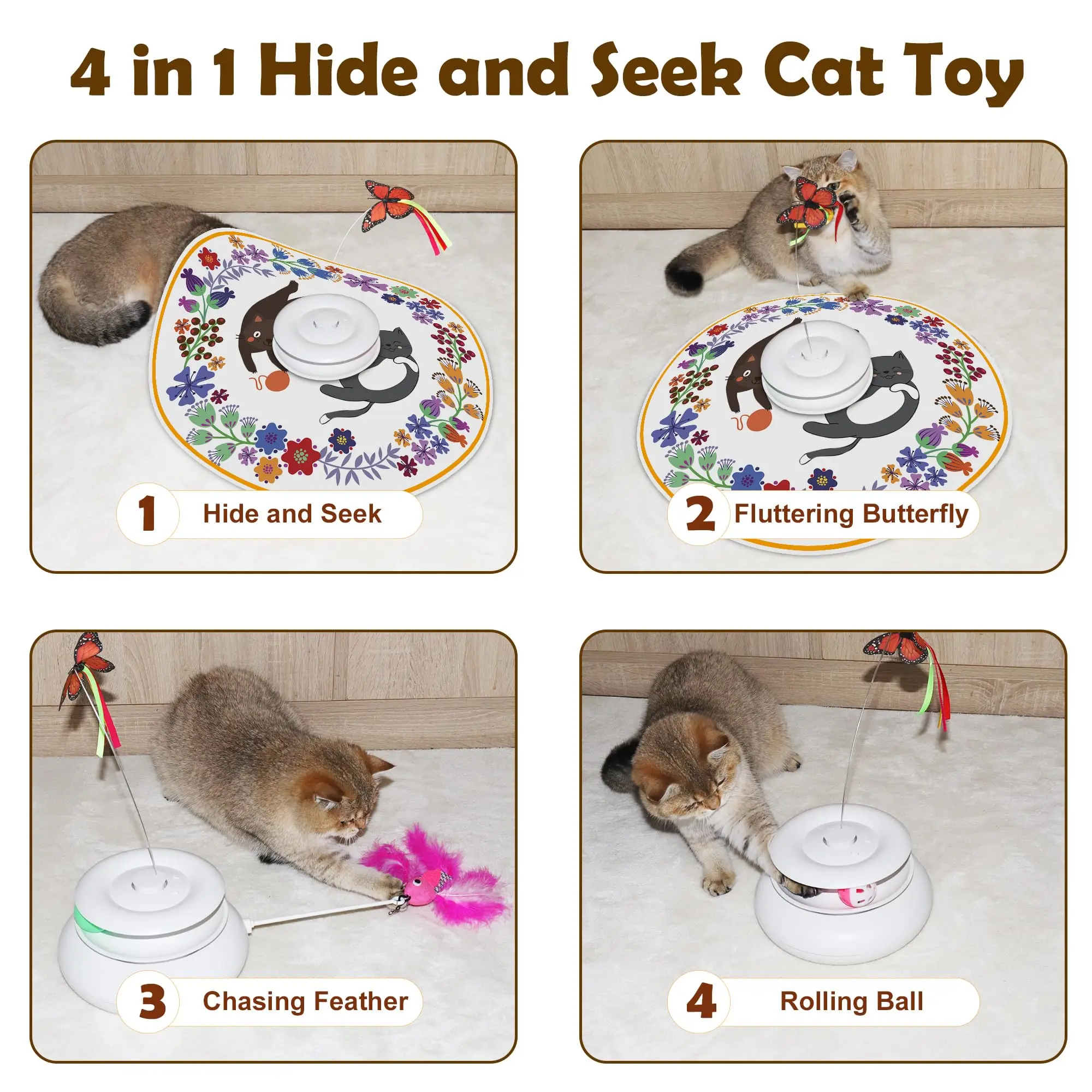 Cat Toys Rechargeable, 4 in 1 Hide and Seek Kitten Wand Toy, Automatic InteractiveToy for, Fluttering Butterfly, Chasing Feather