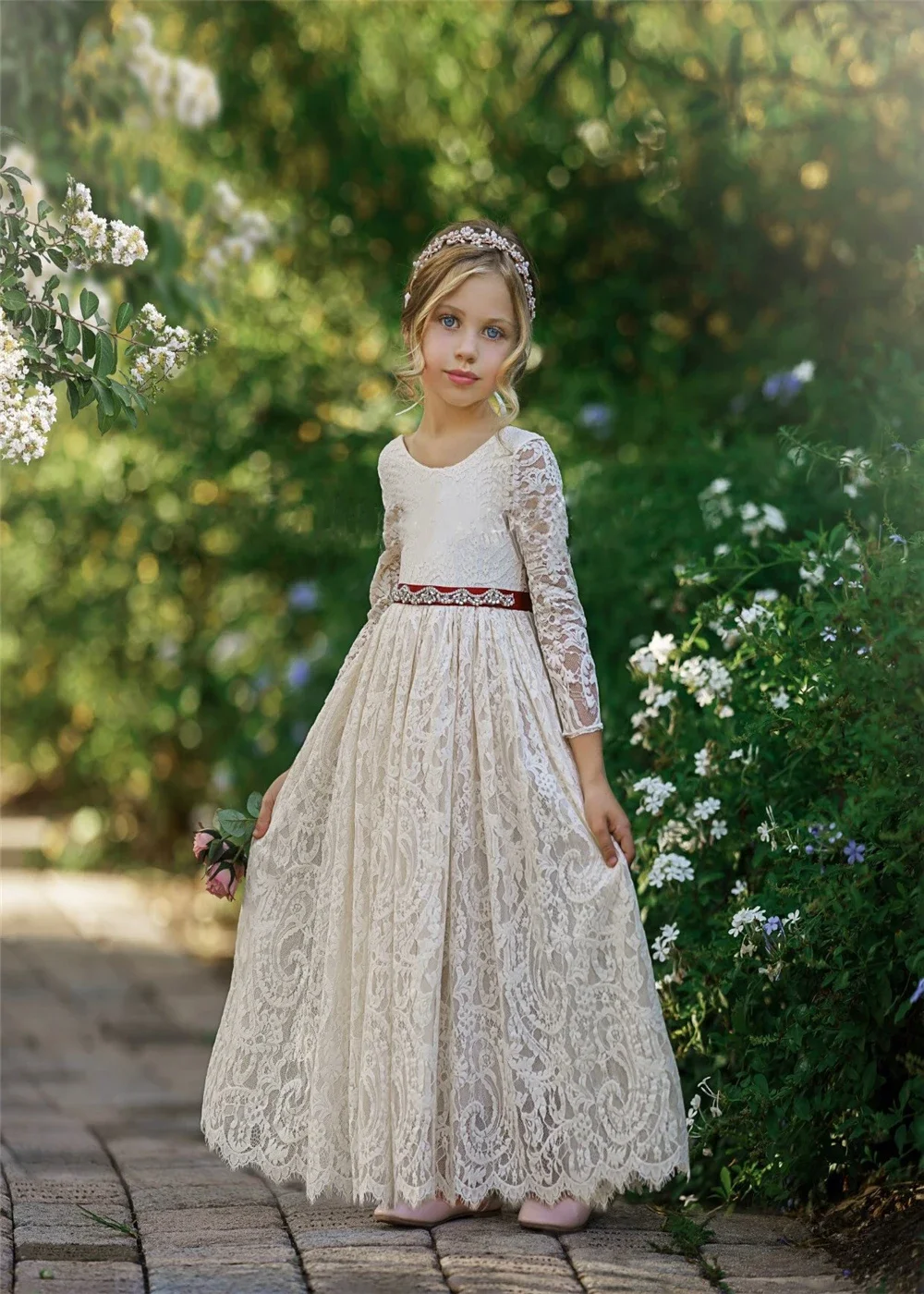 Lovely Ball Dresses White Elegant Flower Girl Dress Rustic Lace wedding Children Birthday Gift First Communion Gowns