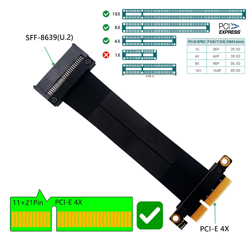 라이저 케이블 SFF-8639 U.2 에서 PCI-E 3.0 4X 유연한 케이블, 라이저 카드 리본 익스텐더 케이블 익스텐션 포트 어댑터, U.2 NVME SSD용