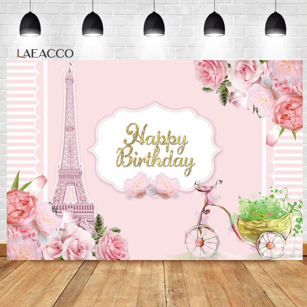 Laeacco-sesión fotográfica de cumpleaños para bebé recién nacido, telones de fondo personalizados con flores de la Torre Eiffel de París, rosa, utilería