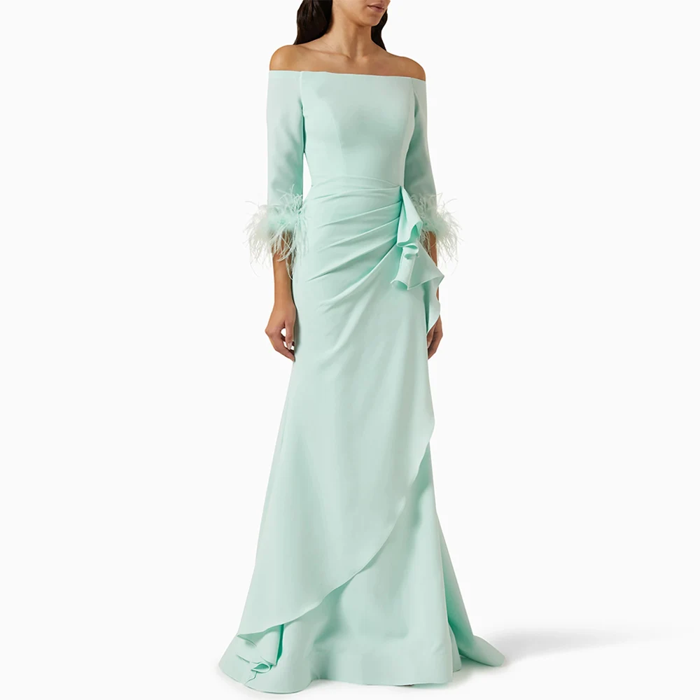 Mint Mermaid Prom Dress 3/4 Sleeves Boat Neck Feathers Formal Occasion Dresses Sweep Train Saudi Evening Gown فساتين طويلة