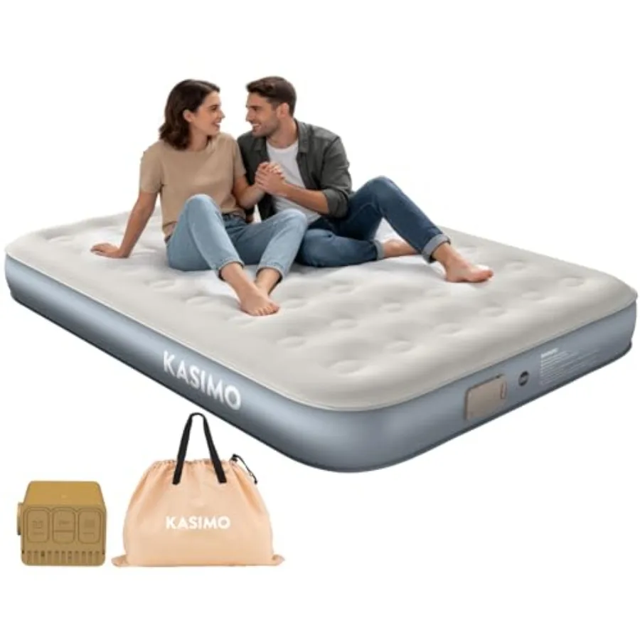 Queen air mattress for home guests and camping, suede surface, gray, built-in battery-powered removable pump for quick inflatio