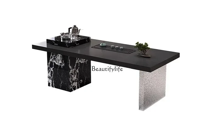 03Italian light luxury minimalist rock slab tea table and chair combination integrated large board home balcony tea table