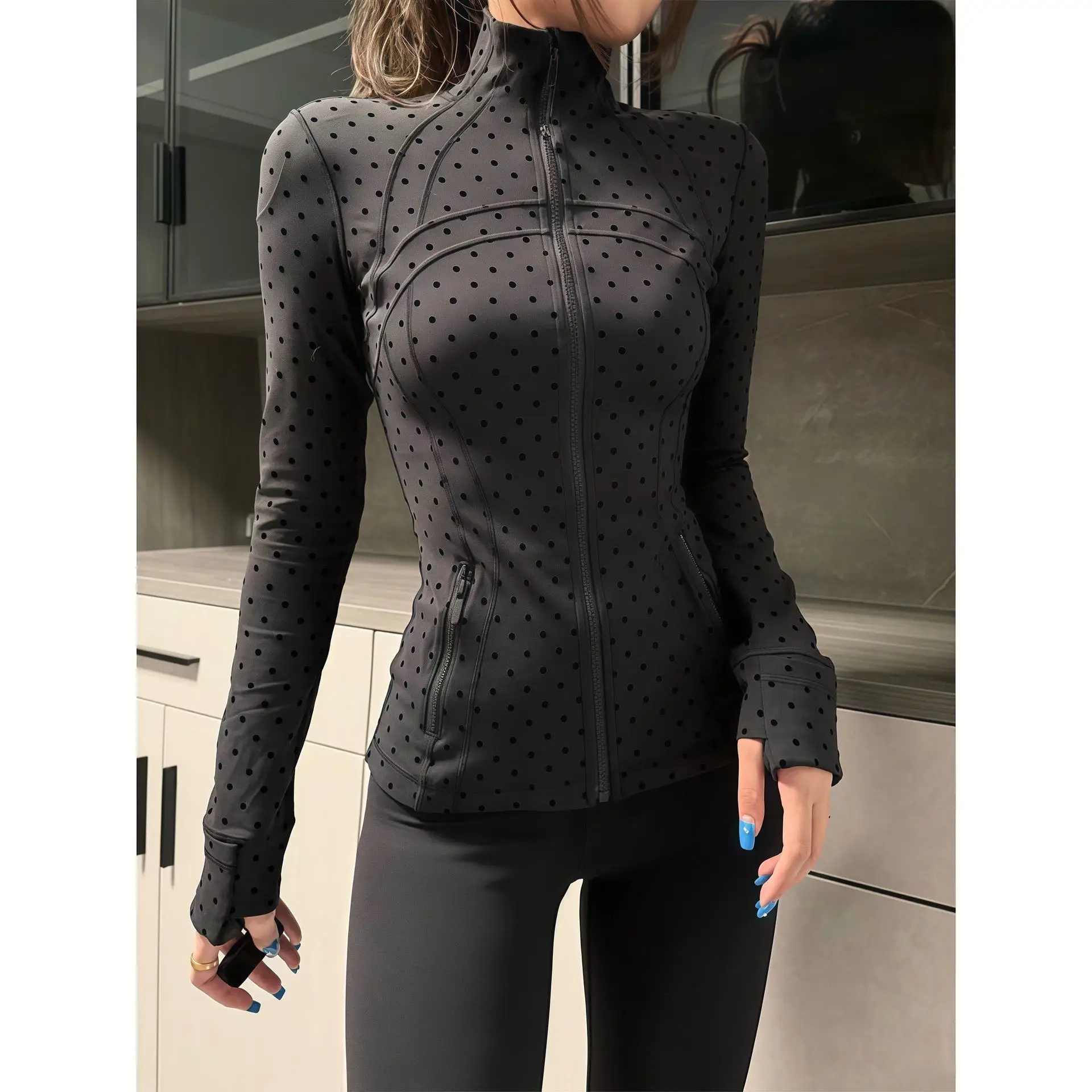 Chaqueta Deportiva Lululing para Mujer, Manga Larga, Cuello Alto, Diseño de Puntos, Nylon ueso, Estilo Yoga