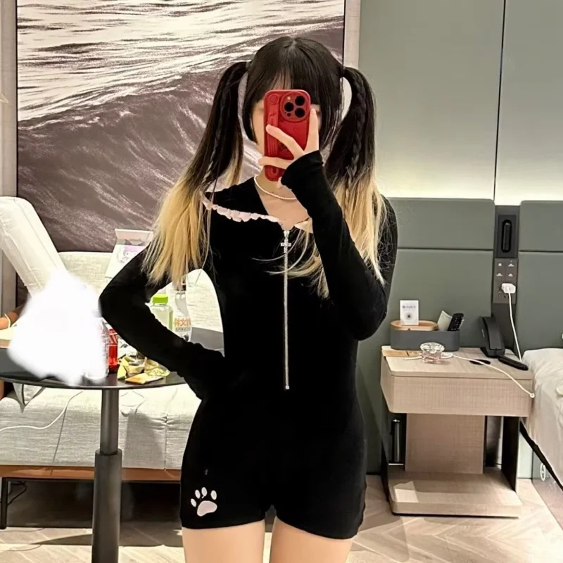 Women Japanese Kawaii Bunny Ear Color Block Romper Slim Fit Sexy Niche Design Shorts Jumpsuit Cute Harajuku Outfit