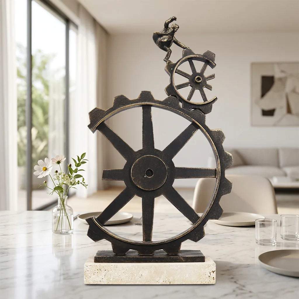 Modern Metal Marble Sculpture Abstract Gear Man Statue Black/Dark Silver Luxury Windmill Pattern Desktop Art