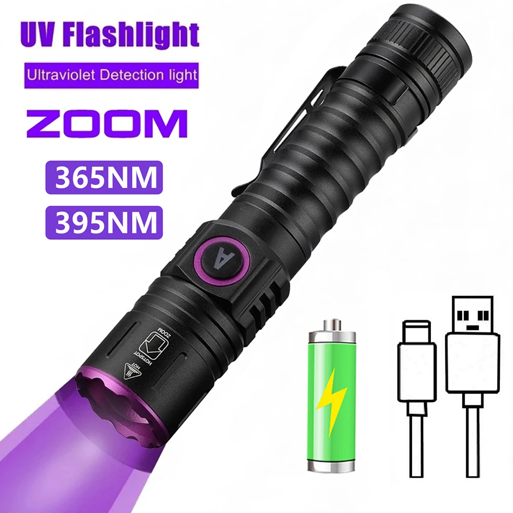 

UV LED Flashlight Zoom 365 395nm Type-C Charging Invisible Ink Marker Cat Dog Urine Tinea Ore Money Scorpion Fluorescence Light