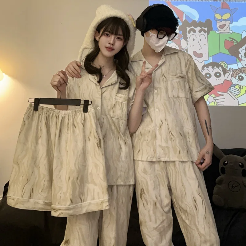 

Пижама парная в полоску для мужчин, свободная повседневная одежда для дома, простой Комплект из трех предметов с коротким рукавом, лето-осень