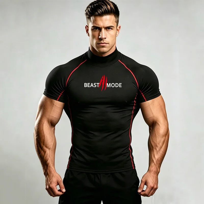 Men High Neck Compression T-Shirt Bodybuilding Sportswear Short Sleeve Quick Dry Workout Shirts Tops Tees Gym Running T-shirt