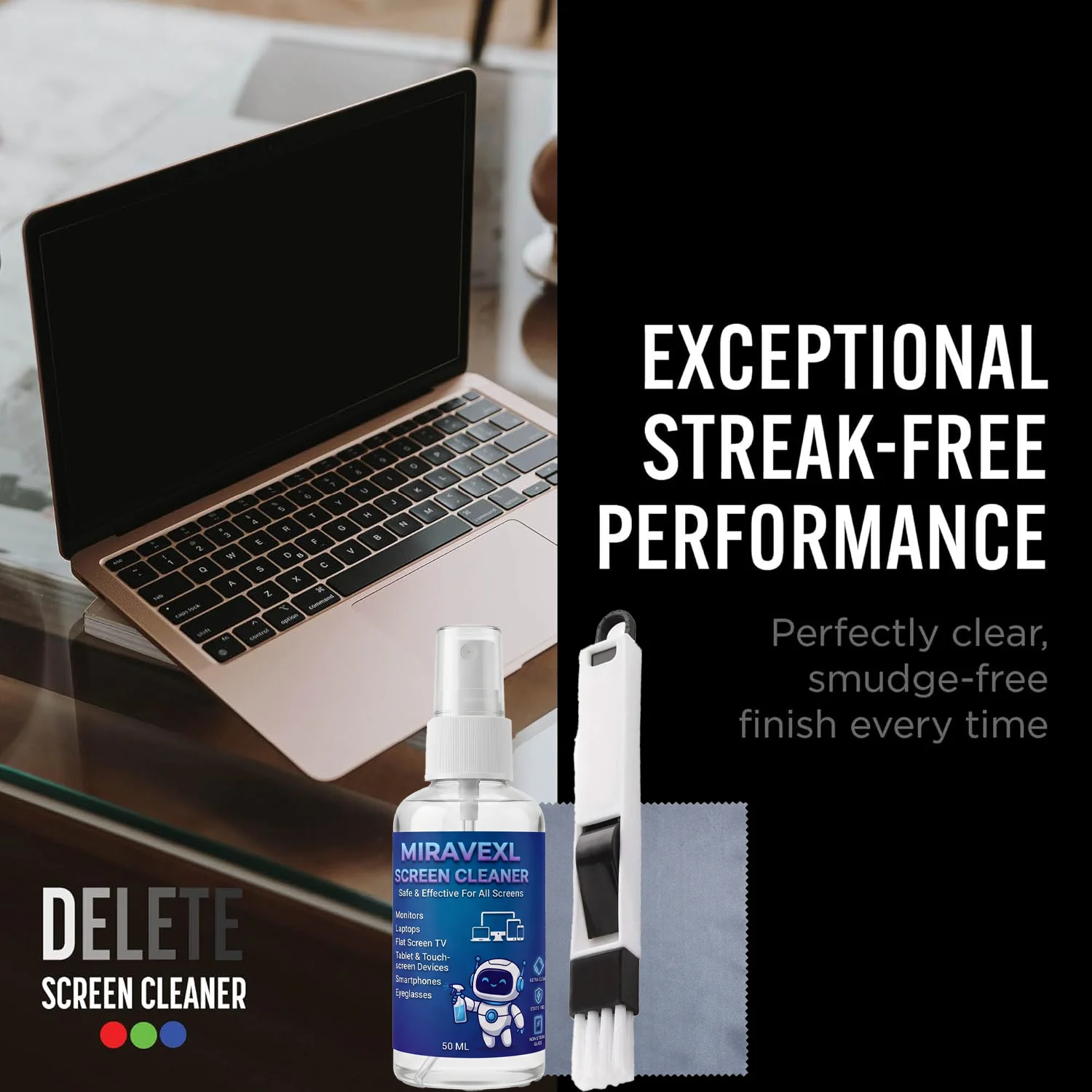 MIRAVEXL Screen Cleaner Kit 50ml - Safe Spray for Phones, Laptops, TVs & Eyeglasses, with Microfiber Cloth & Cleaning Brush