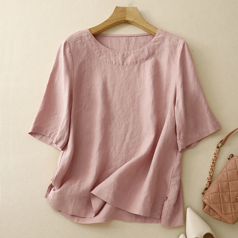 Elegant Ladies Summer Linen Top Women Short Sleeve Pink White Shirts Blouses Vintage Casual Loose Tees
