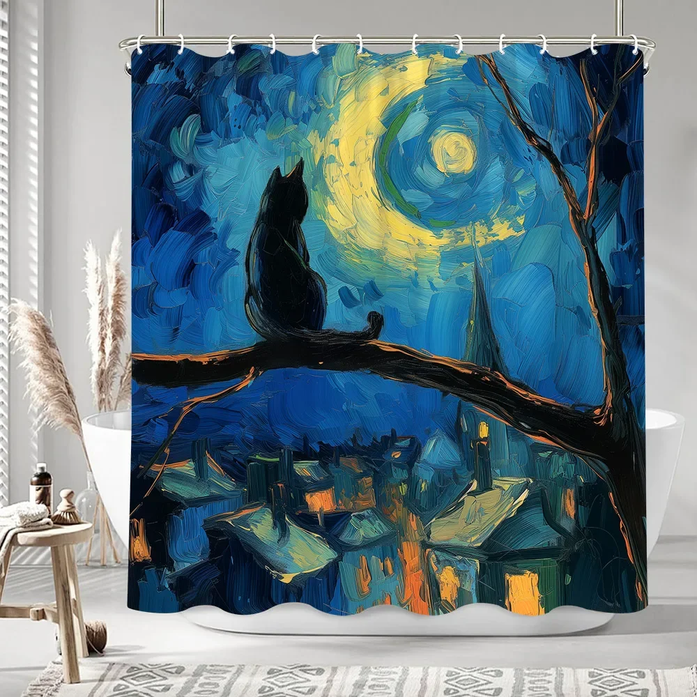 Black Cat Oil Painting Artwork Shower Curtain Bohemian Sand Colourful Painting Polyester Bath Curtains Bathroom Decor with Hooks